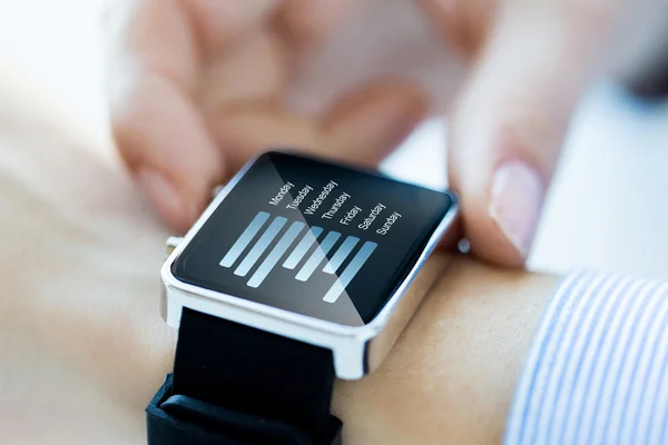 Närbild på händerna med diagram på smartwatch skärm — Stockfoto