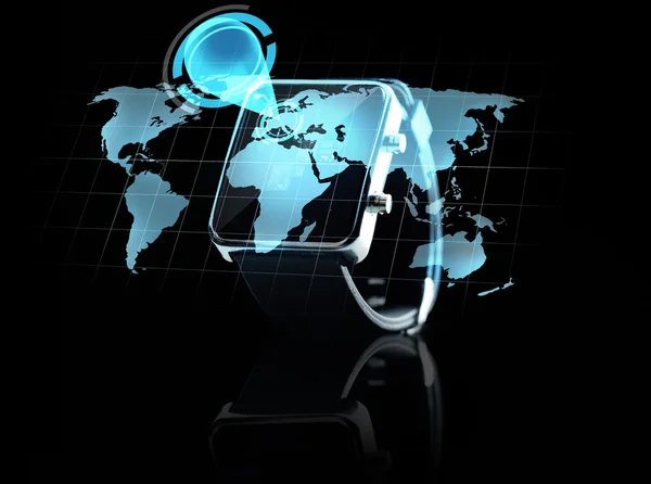 Close up of smart watch with world map projection — Stockfoto