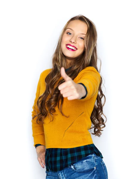 Felice giovane donna o adolescente ragazza mostrando pollici in su — Foto Stock