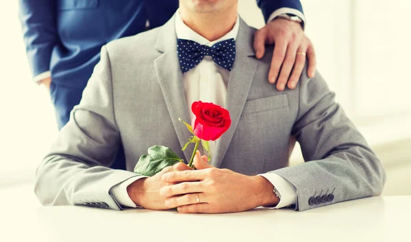 Close up de masculino gay casal com casamento anéis no — Fotografia de Stock