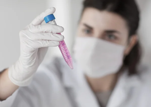 Close up de cientista com tubo fazendo teste em laboratório — Fotografia de Stock