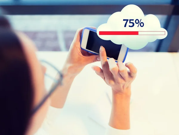 Close up of woman with smartphone cloud computing — Stok Foto