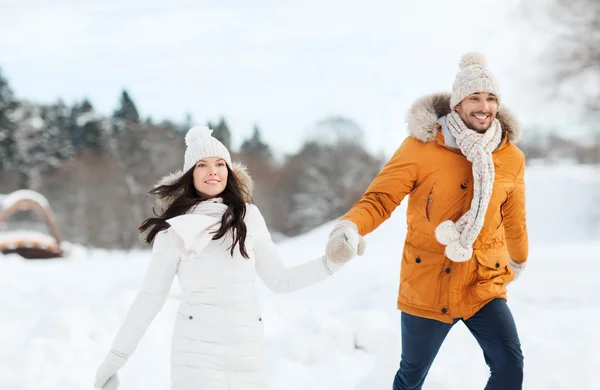 幸福的情侣走过冬天背景 — 图库照片