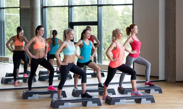 Gruppo di donne che si allenano con i steppers in palestra — Foto Stock