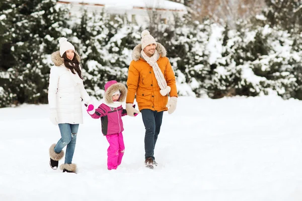 In de winterkleren buitenshuis lopen en gelukkige familie — Stockfoto