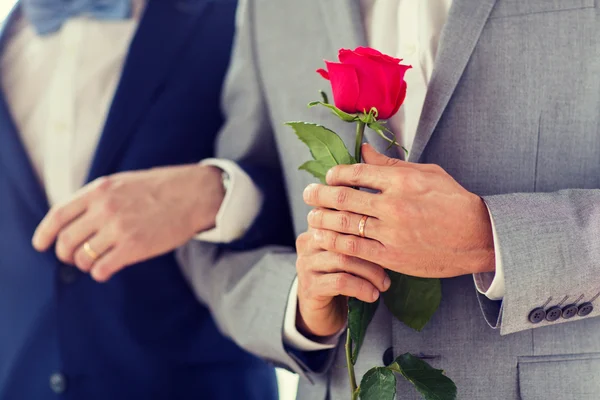 Close up of happy male gay couple holding hands — Stock Photo, Image