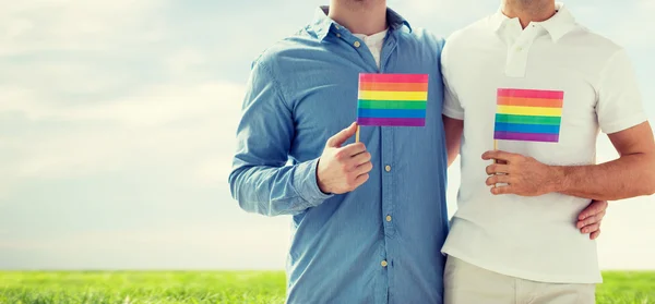 Close-up van man gay paar holding regenboog vlaggen — Stockfoto