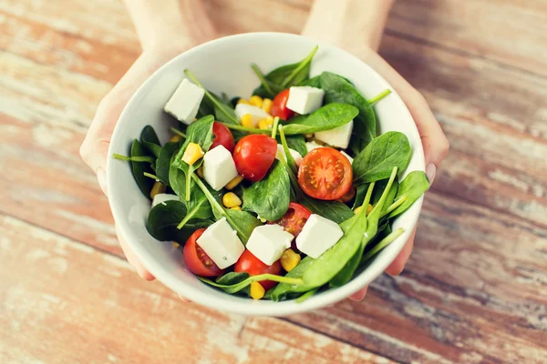 Close up de mãos de mulher jovem mostrando tigela de salada — Fotografia de Stock