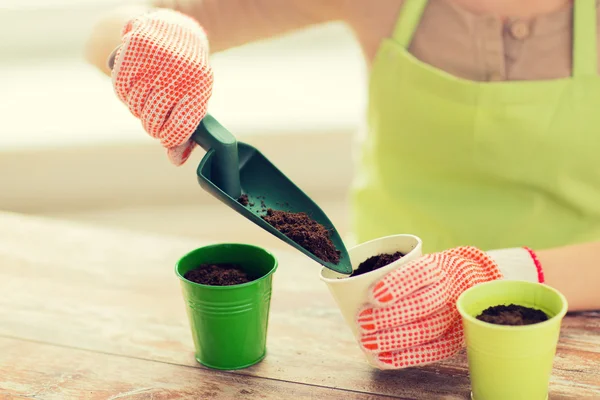 Close up of woman hands with trowel sowing seeds — Stock Photo, Image