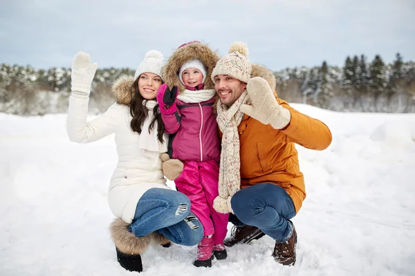 Família feliz acenando as mãos ao ar livre no inverno — Fotografia de Stock