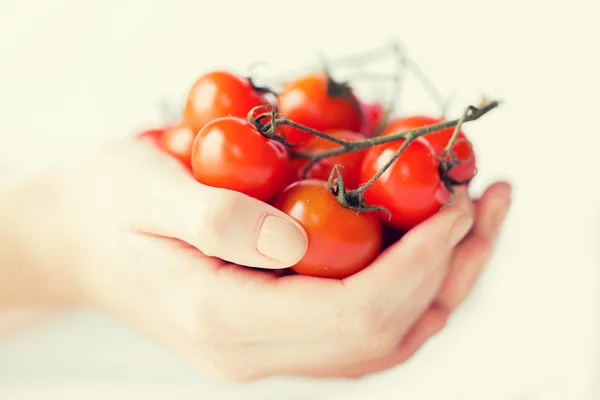 Zár-megjelöl-a nő kezei cherry paradicsom — Stock Fotó
