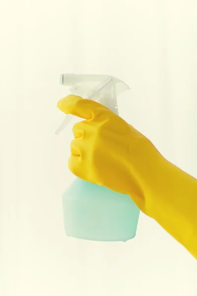 Close up of hand with cleanser spraying — Stock Photo, Image