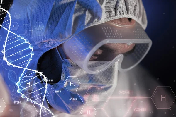 Close up of scientist face in chemical lab — Stock Photo, Image