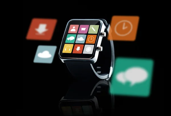 Close up of smart watch with menu icons on screen — Stock Photo, Image