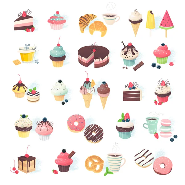 蛋糕、 松饼、 馅饼、 蛋糕和冰淇淋甜点微缩模型 — 图库矢量图片