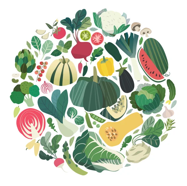 Ensemble de légumes et d'herbes formant une forme ronde — Image vectorielle