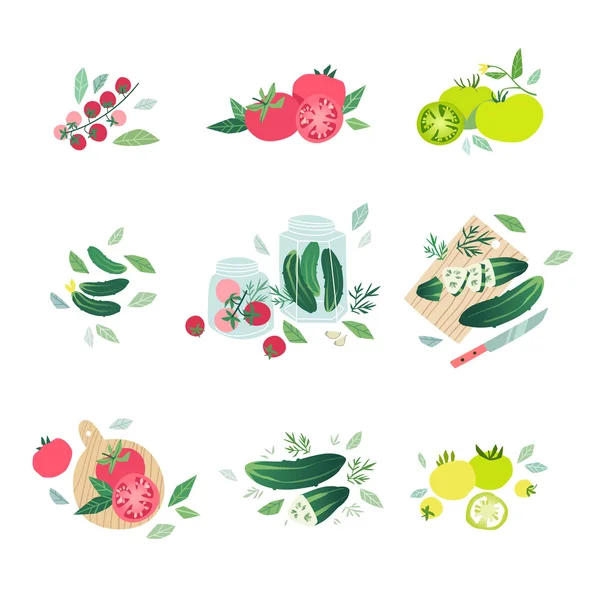 Mini juegos con tomates y pepinos — Vector de stock