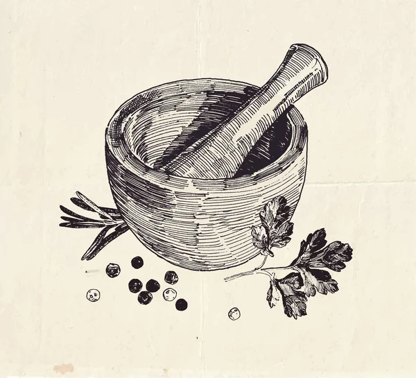 Ręcznie Rysowane Ilustracje Zaprawy Ceramicznej Tłuczka Liśćmi Pietruszki Czarną Papryką — Wektor stockowy
