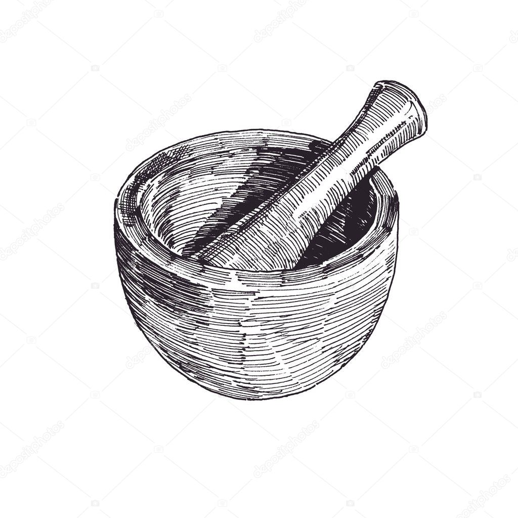 Mortar and pestle hand drawn illustration, kitchen tool and equipment