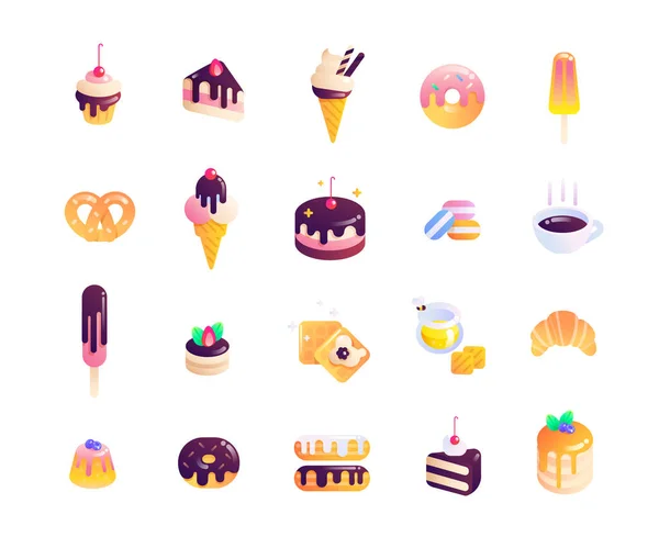 蛋糕和松饼 羊角面包和甜甜圈 收集各种糖果和甜点的图标 — 图库矢量图片