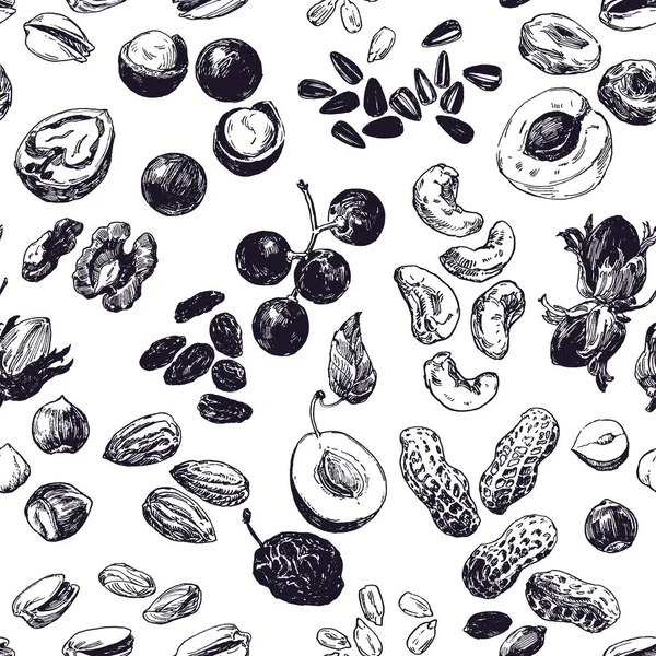 Hand Drawn Illustration Seamless Pattern Nuts Dried Fruits — Stock Vector