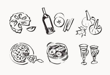 Sonbahar havası, şenlikli mevsimlik illüstrasyon, sıcak şarap serisi sanat çizimleri.