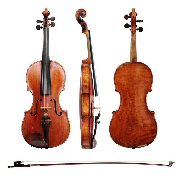 Violin and bow on white background