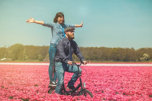 Pareja de ciclismo a través de campo de tulipán —  Fotos de Stock