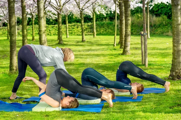 Yogalärare som hjälper studenter med halasana — Stockfoto