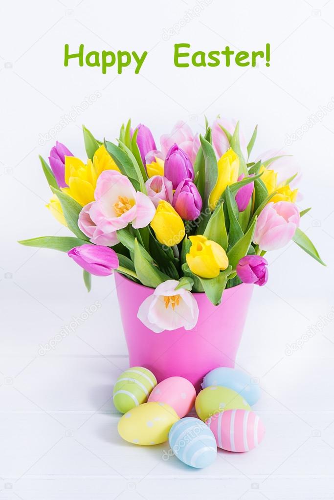 Easter tulips and colourful eggs