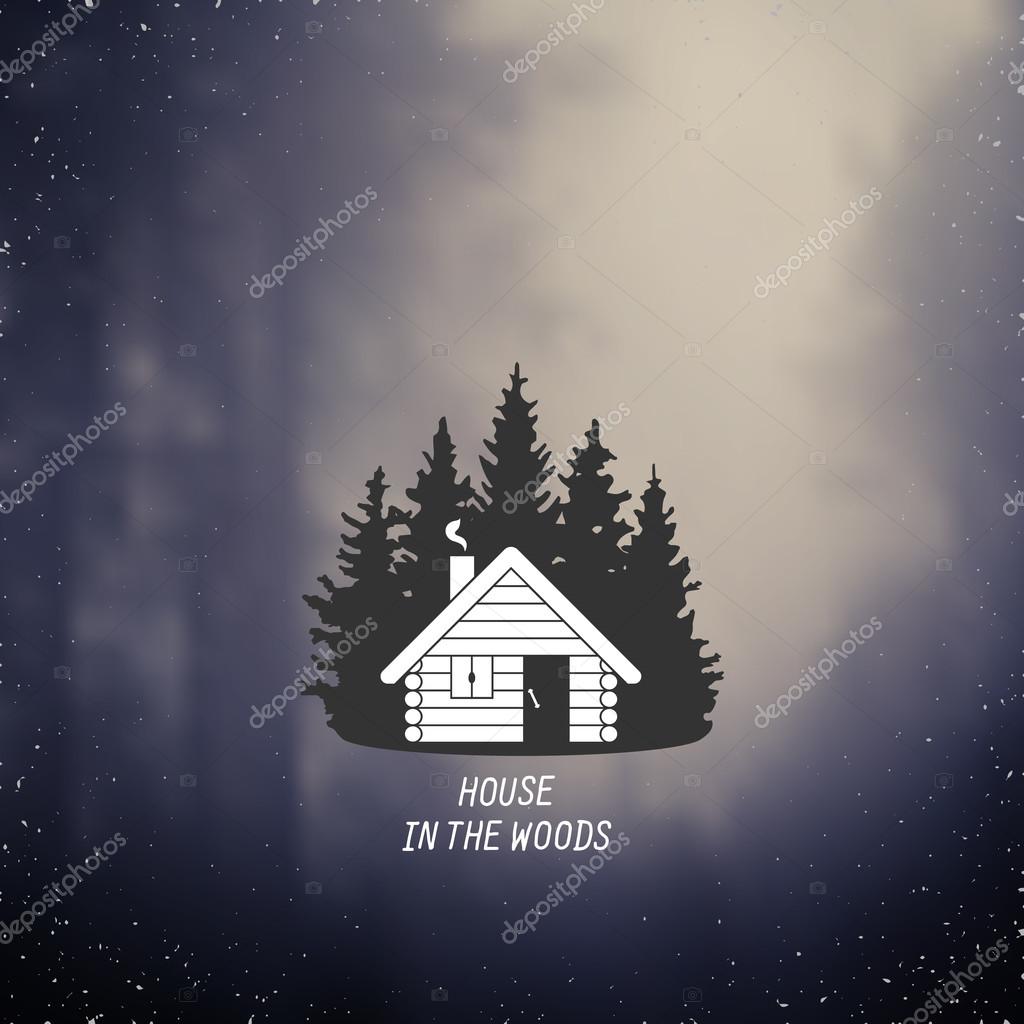 Stylized line art sign with small house in the woods