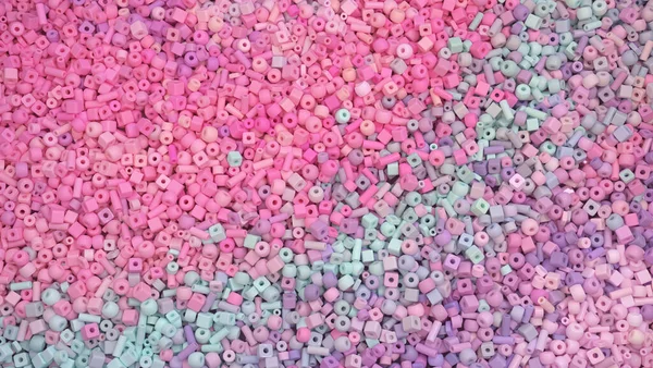 Scattered beads different shapes and shades of pink colors as an abstract digital high detailed background, 3D render