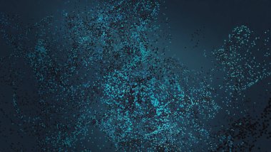 Derin mavi uzayda uçan küçük parçacıklardan oluşan soyut bulut