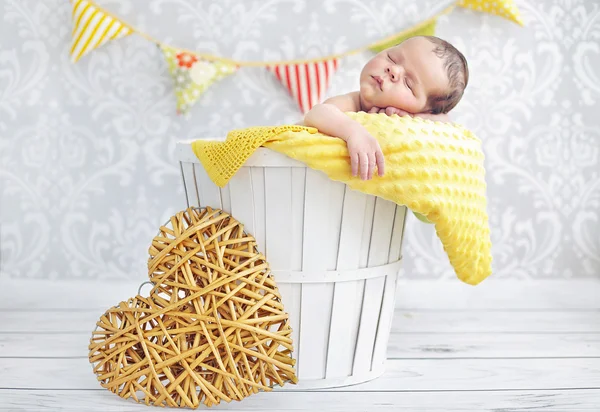 Porträt eines kleinen Jungen, der in einem Weidenkorb schläft — Stockfoto