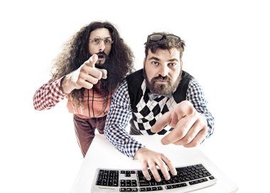 Two hilarious nerds staring at the monitor clipart
