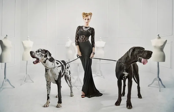 Elegant, serious lady with two giant dogs — Stock Photo, Image