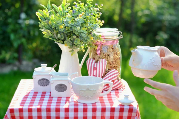 Tasse de thé savoureux servi dans le jardin — Photo