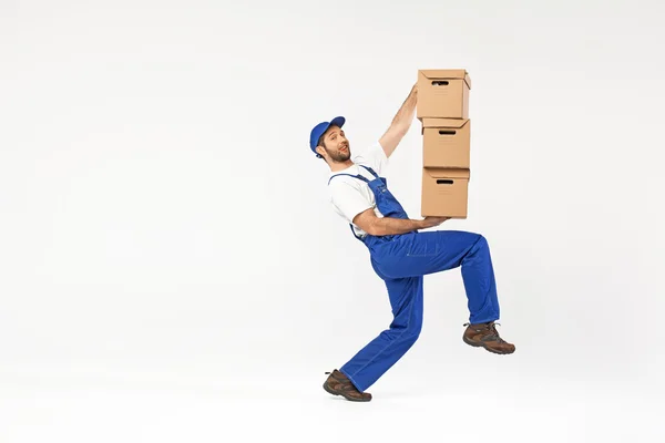 Funny picture of man holding boxes — Stock Photo, Image