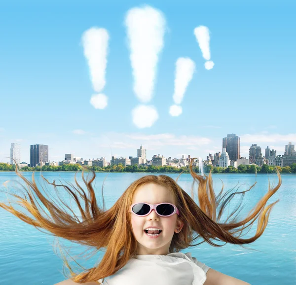 Ginger girl with exclamation marks above — Stock Photo, Image