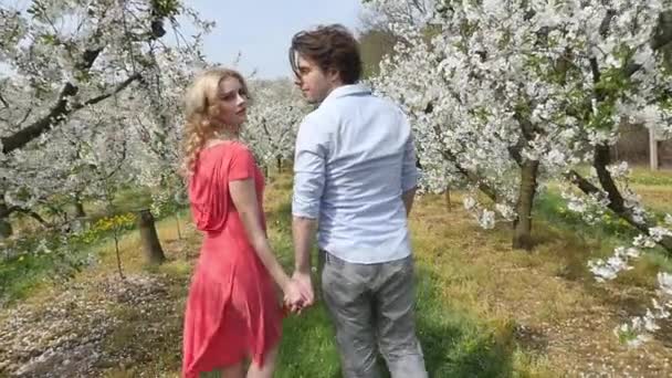 Cheerful couple enjoying leisure time in the orchard — Stock Video