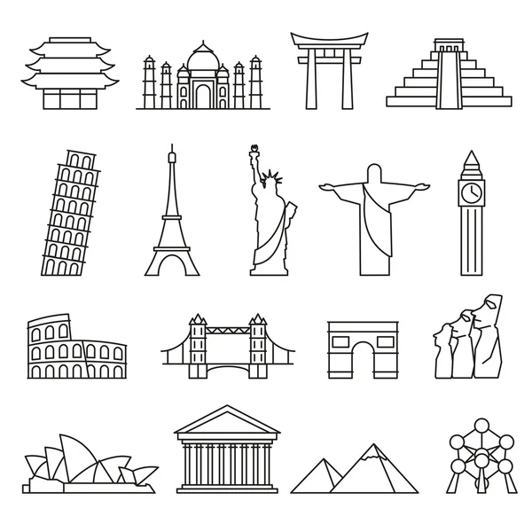 Monumenten van de wereld schetsen pictogrammen, abstract vector set — Stockvector