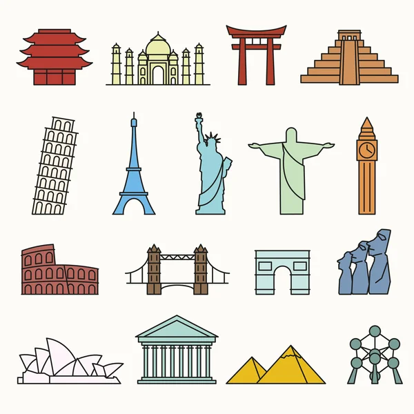 World landmarks outline icons, abstract vector set — Stock Vector