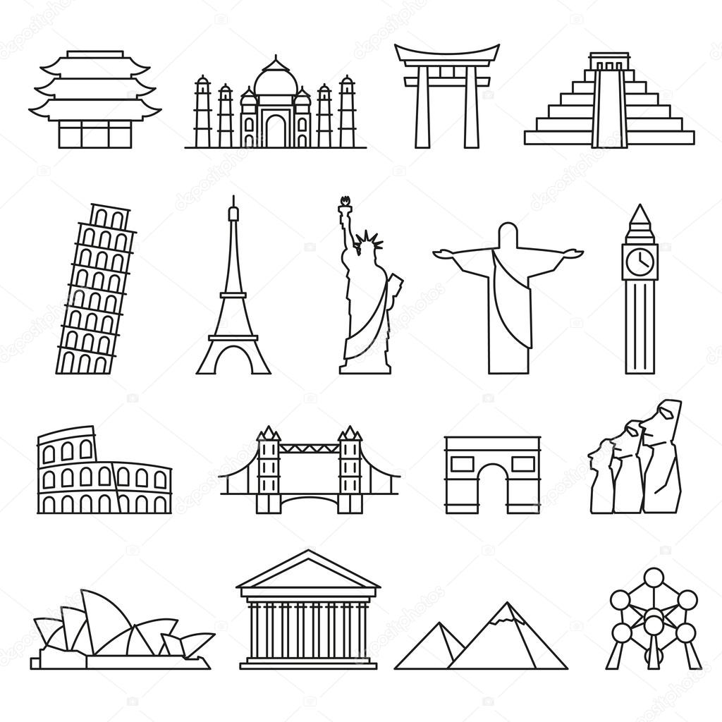 World landmarks outline icons abstract vector set