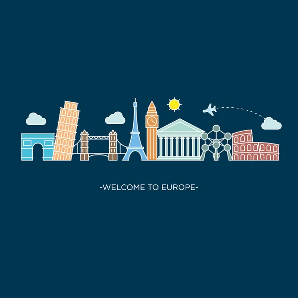 Europa skyline detaljerad silhouette Line art stil — Stock vektor