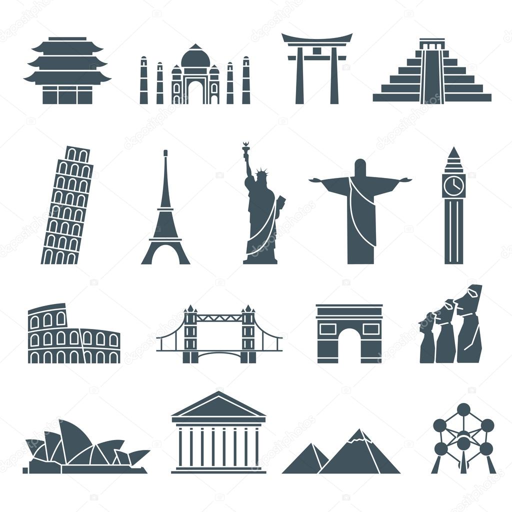 World landmarks icons buildings symbol abstract set