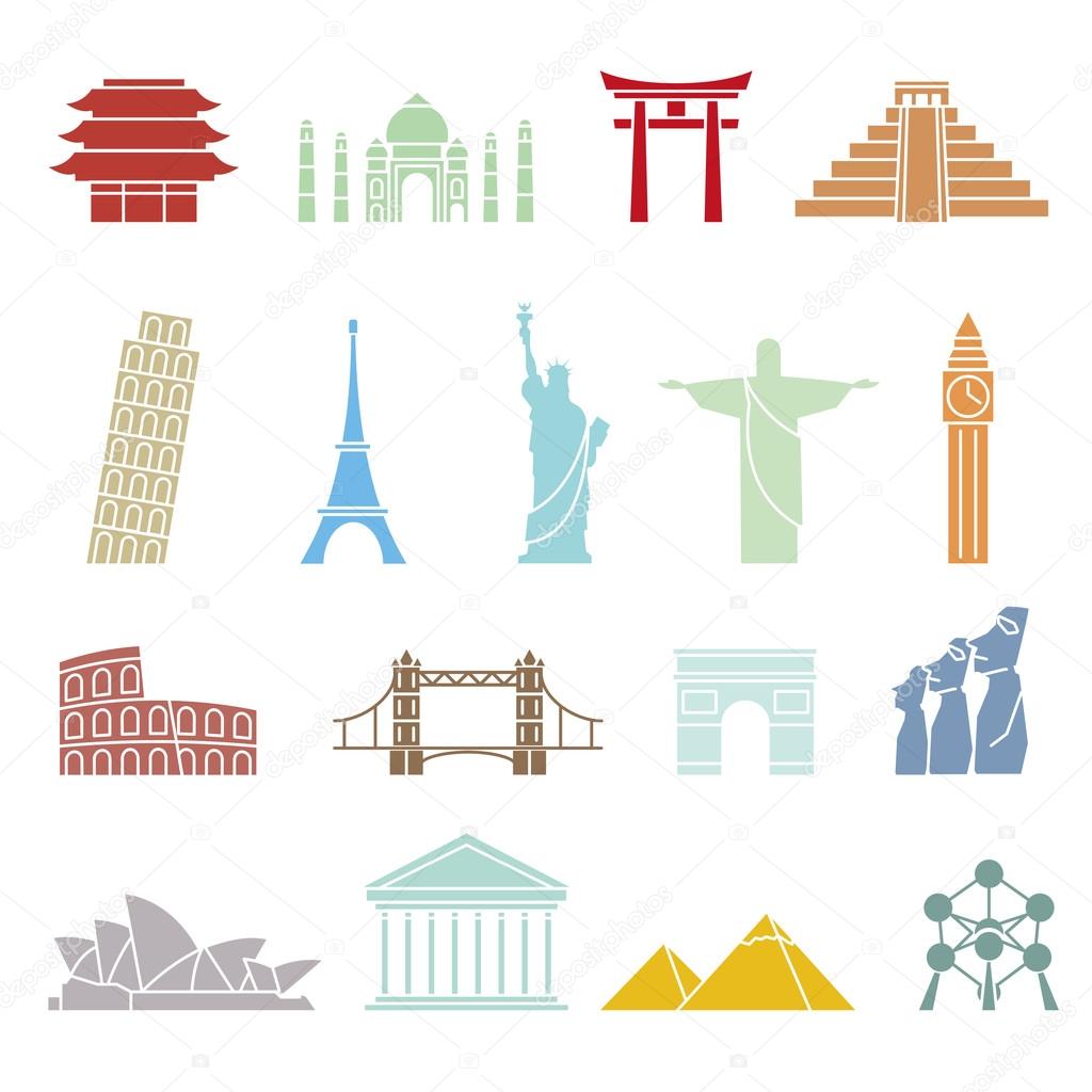 World landmarks icons buildings symbol abstract set