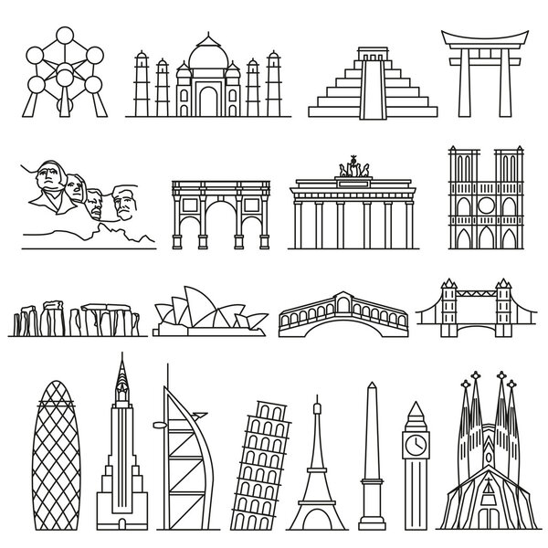 World landmarks outline icons, abstract vector set