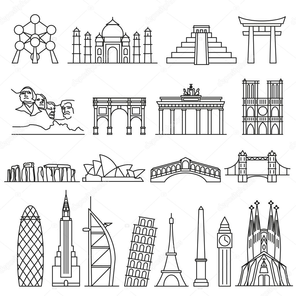 World landmarks outline icons, abstract vector set
