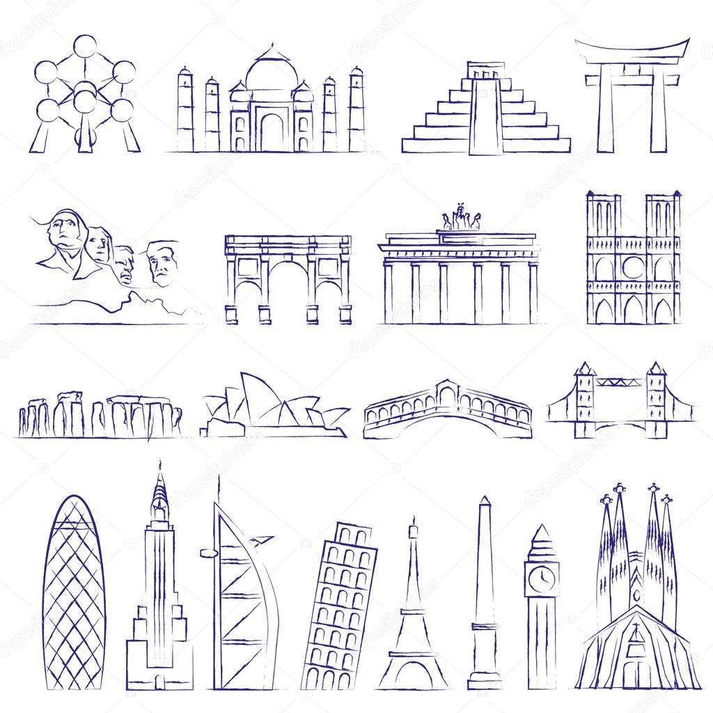 World landmarks outline icons, abstract vector set