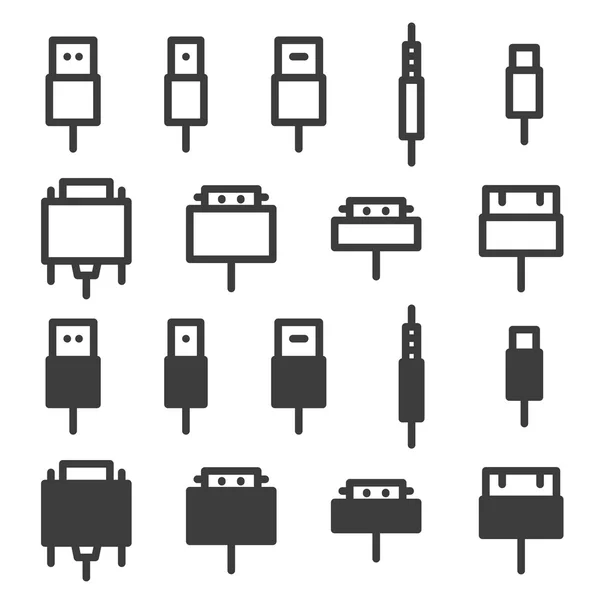 Cable de cable de computadora e iconos de enchufe conjunto — Vector de stock